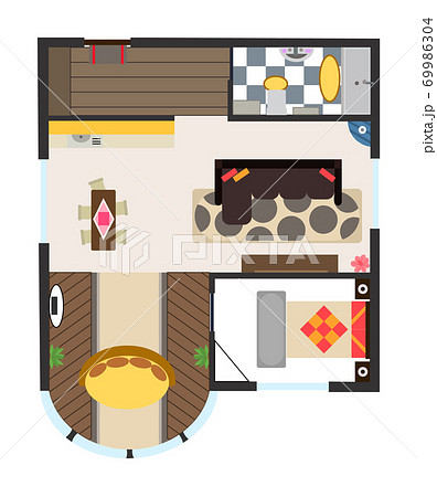 Interior plan. Detailed apartment furniture overhead top view. Apartment room plan. Architectural color floor plan with one bedroom. Studio apartment. Hand drawn top view 69986304