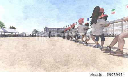 学校　運動会　綱引き　観客有り　建物有り　イラスト52 69989454
