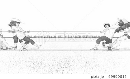 学校　運動会　綱引き　観客有り　建物無し　イラスト47 69990815