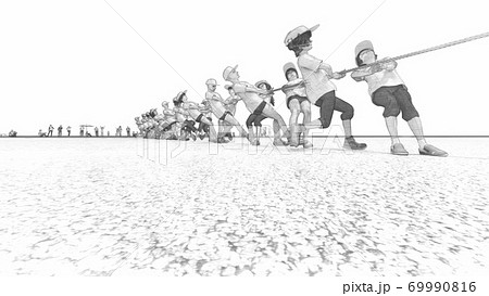 学校　運動会　綱引き　観客有り　建物無し　イラスト48 69990816