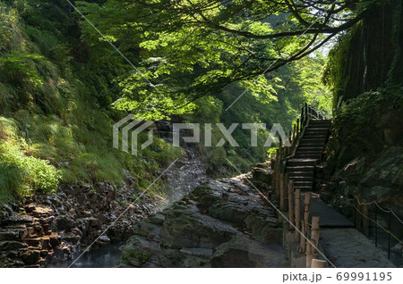 秋田県湯沢市の観光名所小安峡の通路と階段と緑の写真素材