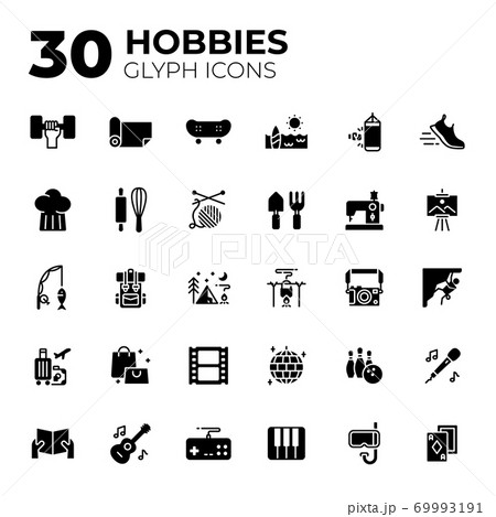 Glyph style hobbies icons. 69993191