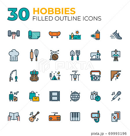 Filled outline style hobbies icons. 69993196