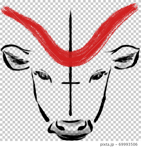 “牛”漢字的起源，十二生肖的毛筆字符，暈染_紅色[Yu新年賀卡插圖素材] 69993506