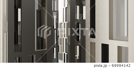 Abstract modern architectural minimalistic contemporary background. Black and gold Futuristic space sci-fi city metropolis. Residential and office skyscrapers. 3D illustration and rendering. 69994142