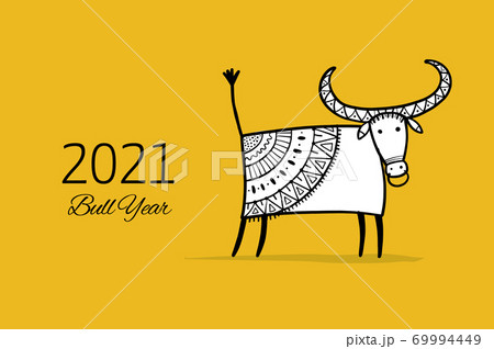 Funny sketch bull. Lunar horoscope sign. Happy new year 2021. Bull, ox, cow. Template for your design - poster, card, invitation 69994449