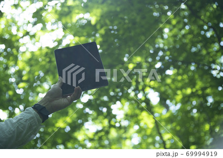 森の中でタブレットPCを持つミドル男性の手元 69994919