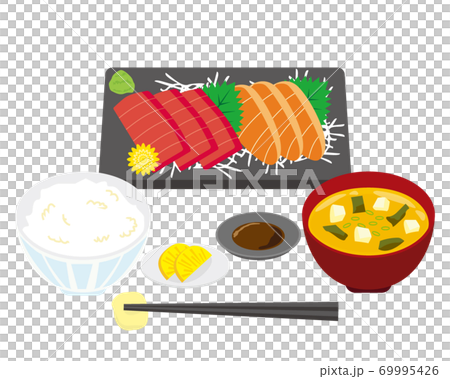 鮪とサーモンの刺身定食のベクターイラスト　味噌汁　ごはん　 69995426