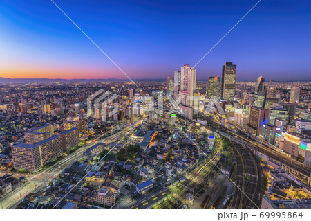 Nagoya Japan, night city skyline at Nagoya railway station and business center 69995864