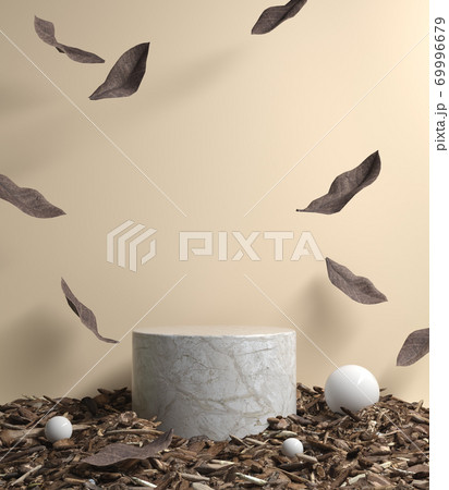 Mockup Empty Podium With Dry Leaves Falling On Beige Color Background 3d Render Mockup Empty Podium With Dry Leaves Falling On Beige Color Background 3d Render 69996679