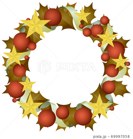 クリスマスリース_星・ボール_柊・ブラウン 69997058