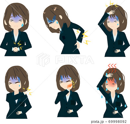 体調不良なシンプルで可愛いビジネスウーマンのイラストセットのイラスト素材