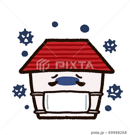 マスクをした家のキャラクターとウイルス 69998268