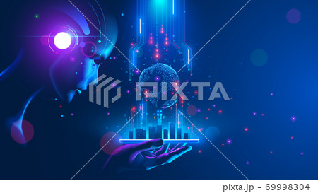 Artificial intelligence looking at smart city, connected with planet through global mobile internet on phone. AI control city infrastructure, data traffic, ensure safety. World communication concept. 69998304