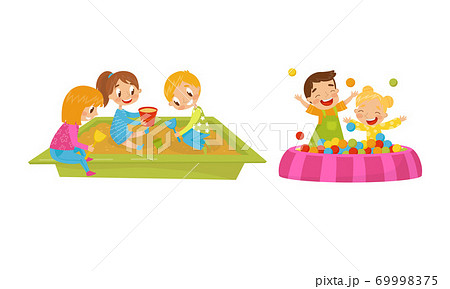 Energetic Boy and Girl Playing in Sandbox and with Balls on Playground Vector Set 69998375