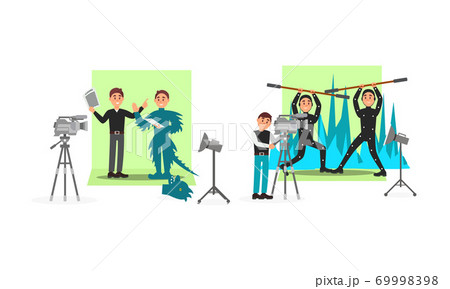 Young Male Cameraman Filming Movie with Actor Wearing Costume Vector Illustration Set 69998398