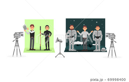 Male Director Filming Movie with Actor Wearing Costume Vector Illustration Set Male Director Filming Movie with Actor Wearing Costume Vector Illustration Set 69998400