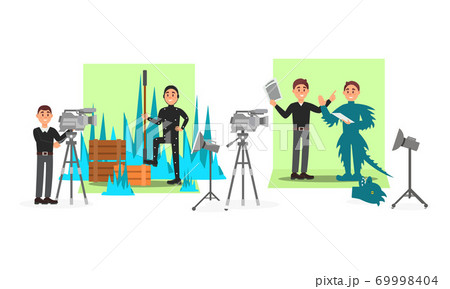 Male Cameraman Filming Movie with Actor Wearing Costume Vector Illustration Set Male Cameraman Filming Movie with Actor Wearing Costume Vector Illustration Set 69998404