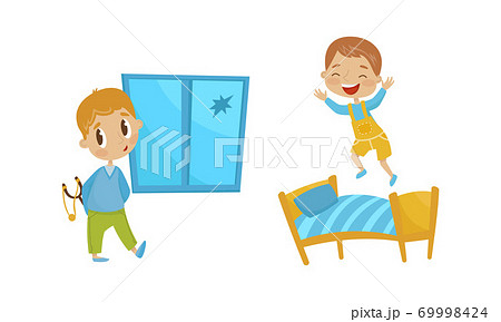 Naughty Boy Breaking Window with Forked Stick and Jumping on Bed Vector Illustration Set 69998424