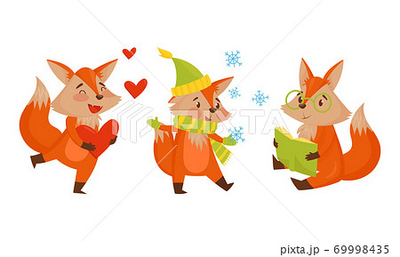 Funny Orange Fox Holding Heart and Reading Book Vector Set Funny Orange Fox Holding Heart and Reading Book Vector Set 69998435