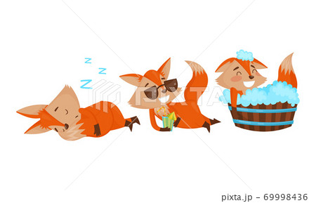 Funny Orange Fox Sleeping and Bathing Vector Set 69998436