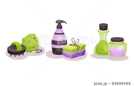 Spa and Aromatherapy with Essential Oil in Jars and Sponge Vector Set 69999488