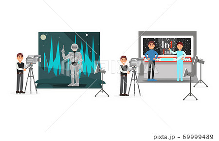Young Male Cameraman Filming Movie with Actor Wearing Costume Vector Illustration Set Young Male Cameraman Filming Movie with Actor Wearing Costume Vector Illustration Set 69999489