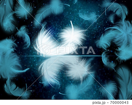 銀河の中に舞う青い羽と白い羽が反射する背景画のイラスト素材