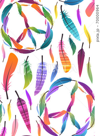 Seamless boho texture with multicolored feathers and tribal pattern and sign of peace on white background. Seamless boho texture with multicolored feathers and tribal pattern and sign of peace on white background. 70000964