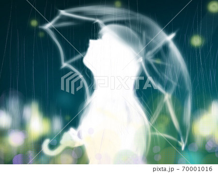 傘をさすロングヘアーの女性の白いシルエットと雨の背景画のイラスト素材