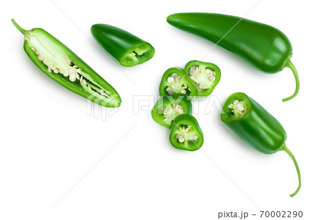 jalapeno peppers isolated on white background. Green chili pepper with clipping path. Top view with copy space for your text. Flat lay jalapeno peppers isolated on white background. Green chili pepper with clipping path. Top view with copy space for your text. Flat lay 70002290