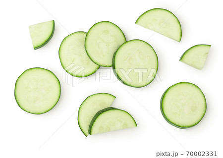 Fresh sliced zucchini isolated on white background with clipping path and full depth of field. Top view. Flat lay 70002331
