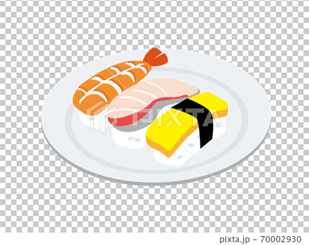 Sushi served on a plate (shrimp, yellowtail, eggs) 70002930