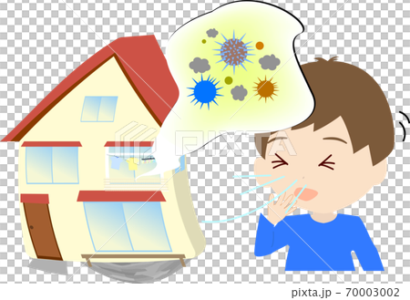 ハウスダストでくしゃみをする子供と傾く家 ハウスダストのイラストのイラスト素材