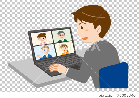 オフィスからノートパソコンでオンライン会議に参加する男性のイラスト 白背景のイラスト素材