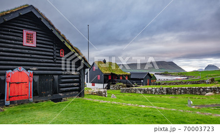Kirkjubour black painted houses in Faroe Islands Kirkjubour black painted houses in Faroe Islands 70003723
