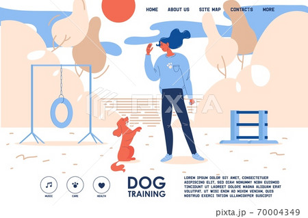 Dog training vector education landing page. Banner good for pet training school or web page header. Lovely woman character with raised hand and sitting puppy 70004349