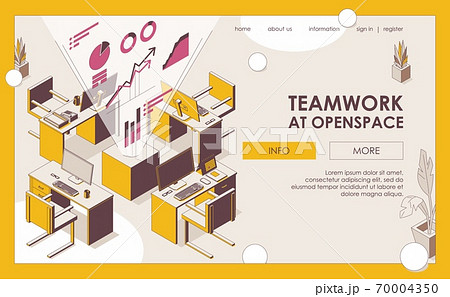 Teamwork at openspace office isometric landing page template. Outline tables and chairs, monoblock pc and accessories, charts and diagrams. Vibrant yellow and pink colors Teamwork at openspace office isometric landing page template. Outline tables and chairs, monoblock pc and accessories, charts and diagrams. Vibrant yellow and pink colors 70004350