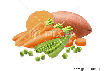 Sweet potato, carrots and green peas isolated on white background Sweet potato, carrots and green peas isolated on white background 70004918
