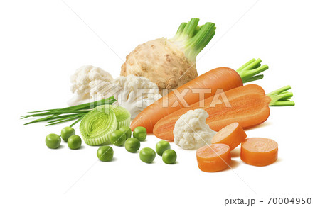 Celery root, carrots, leek, cauliflower, spring onions and green peas isolated on white background. 70004950