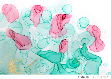 Green and pink floral abstract pattern isolated on white background. Transparent watercolor pink, green and gold texture with roses. Green and pink floral abstract pattern isolated on white background. Transparent watercolor pink, green and gold texture with roses. 70005207