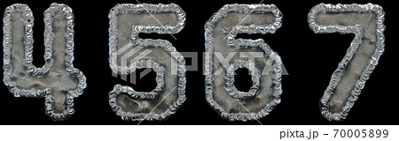 Set of numbers 4, 5, 6, 7 made of industrial metal on black background 3d Set of numbers 4, 5, 6, 7 made of industrial metal on black background 3d 70005899