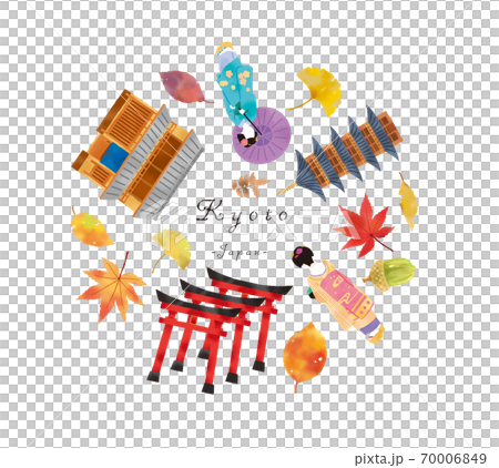 Set illustration of autumn maiko, Kyoto townhouse and temple Set illustration of autumn maiko, Kyoto townhouse and temple 70006849