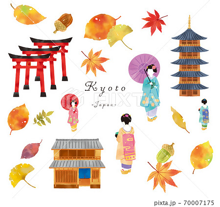 秋の舞妓さんと京都の町家とお寺のセットイラスト のイラスト素材
