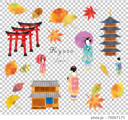 秋の舞妓さんと京都の町家とお寺のセットイラスト  70007175