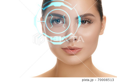 Future woman with cyber technology eye panel, cyberspace interface, ophthalmology concept 70008513
