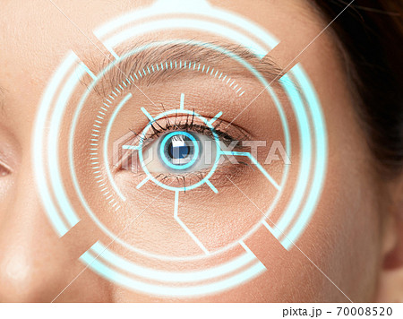 Future woman with cyber technology eye panel, cyberspace interface, ophthalmology concept Future woman with cyber technology eye panel, cyberspace interface, ophthalmology concept 70008520