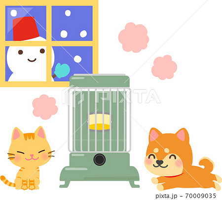 レトロなストーブで暖まる猫と犬のイラスト素材 レトロなストーブで暖まる猫と犬のイラスト素材