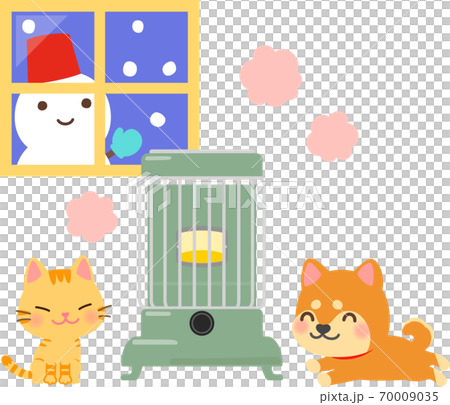 レトロなストーブで暖まる猫と犬 70009035