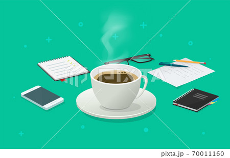 Coffee cup break on working desk business table isometric vector cartoon illustration, breakfast idea on work time, beverage mug concept 70011160